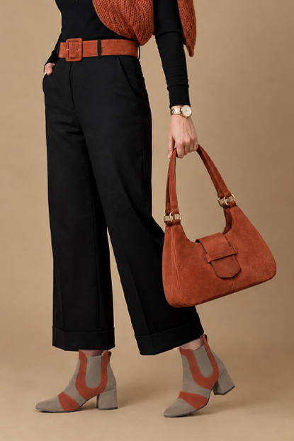 Dress ankle boots side elastics in tan beige, terracotta orange and taupe brown leather with low flare heels and round toe - Worn view